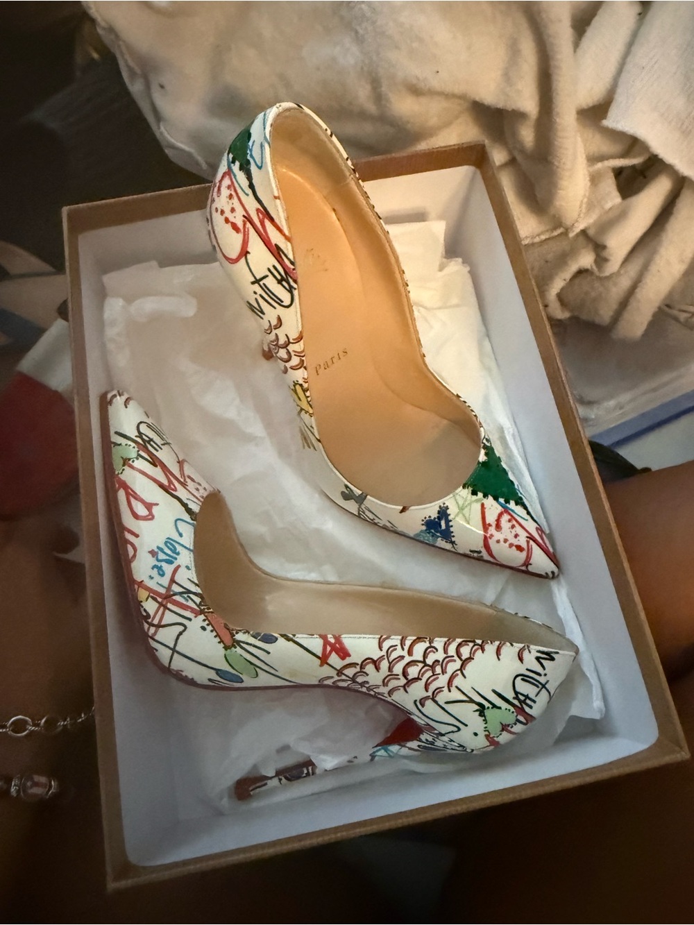 Christian Louboutin White Multicolor Graffiti Pointed Toe Pumps